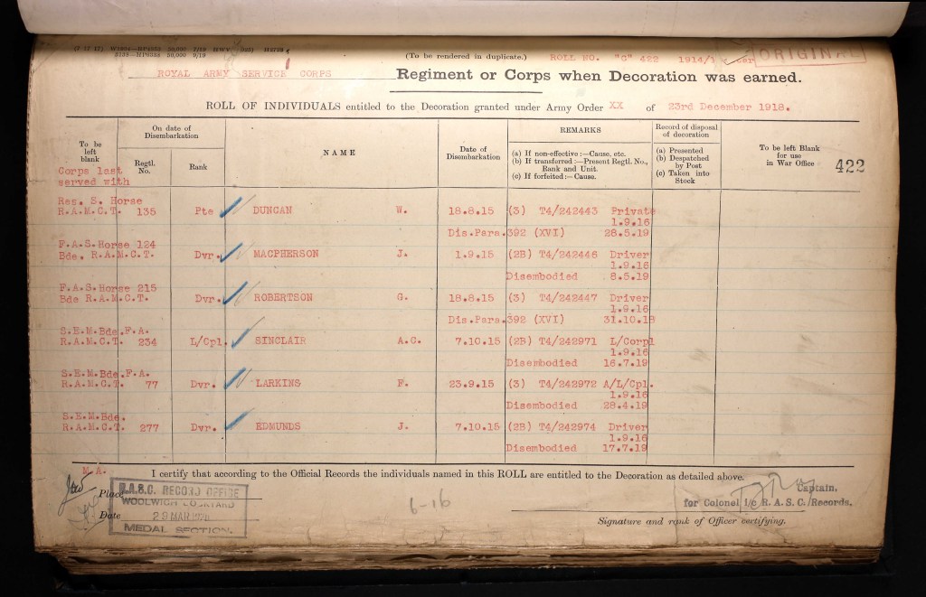 The 1914/15 Star medal roll entry for John McPherson. Image from Ancestry