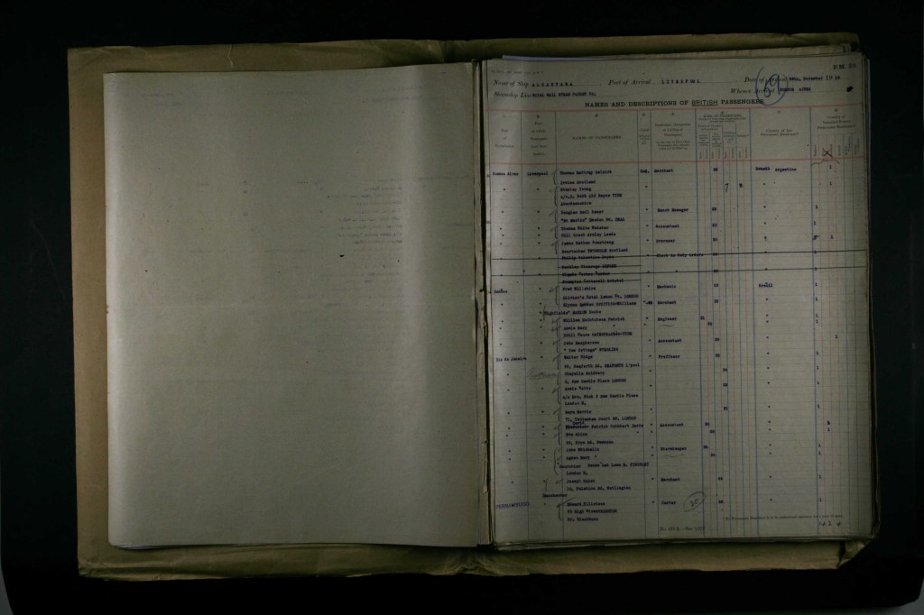 John McPherson, on the passenger list of the Alcantara. He is listed as a 24 year old accountant, in December 1914, and is returning to Scotland to sign up for the army in WW1. Image from Ancestry