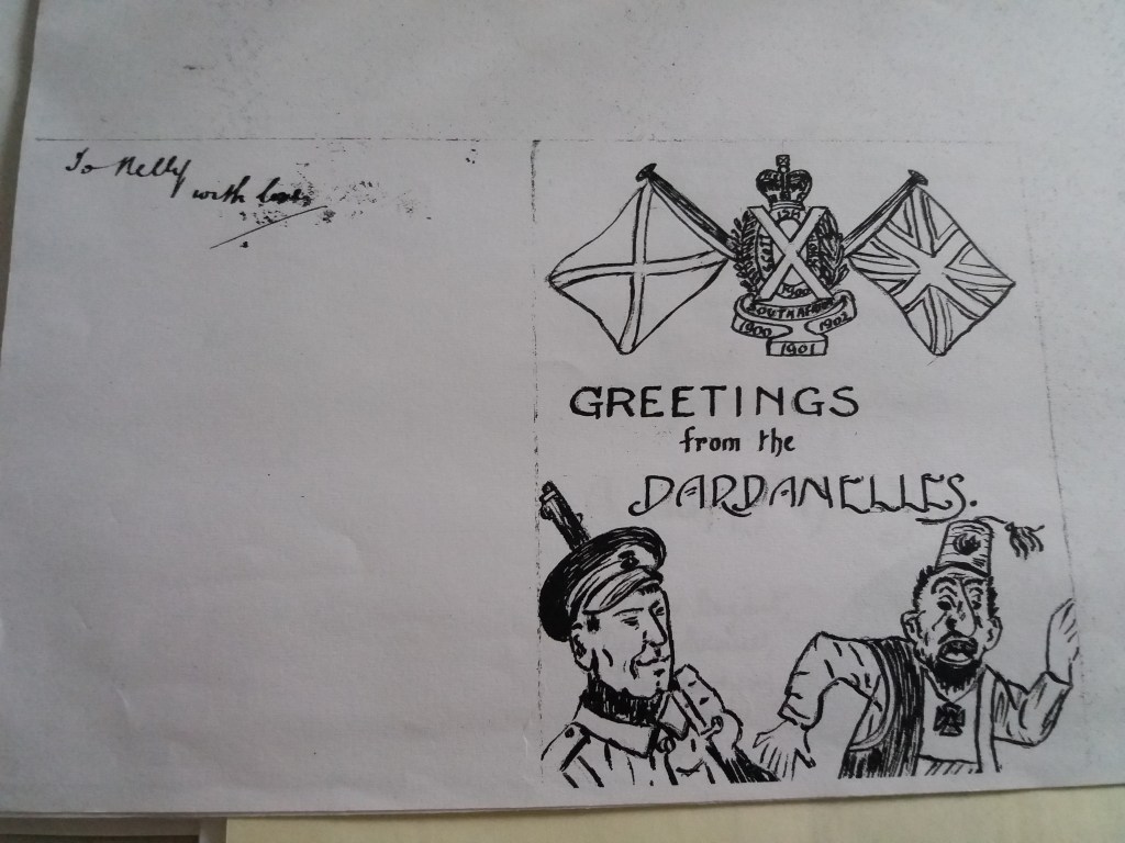 One of John McPherson’s wartime drawings, on a letter sent to his sister Nelly. Family papers dating from the First World War