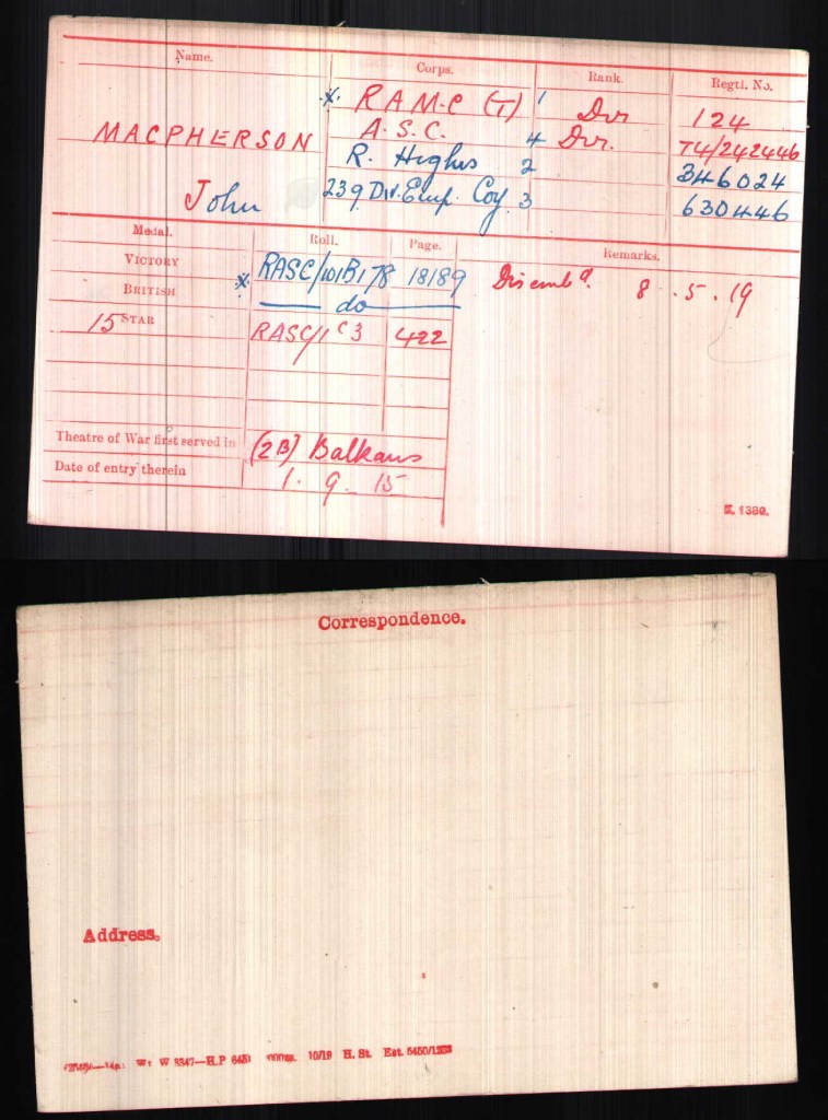 John McPherson’s First World War medal index card, giving details of all 4 of his regimental numbers. The jargon is decoded below. Image from Ancestry
