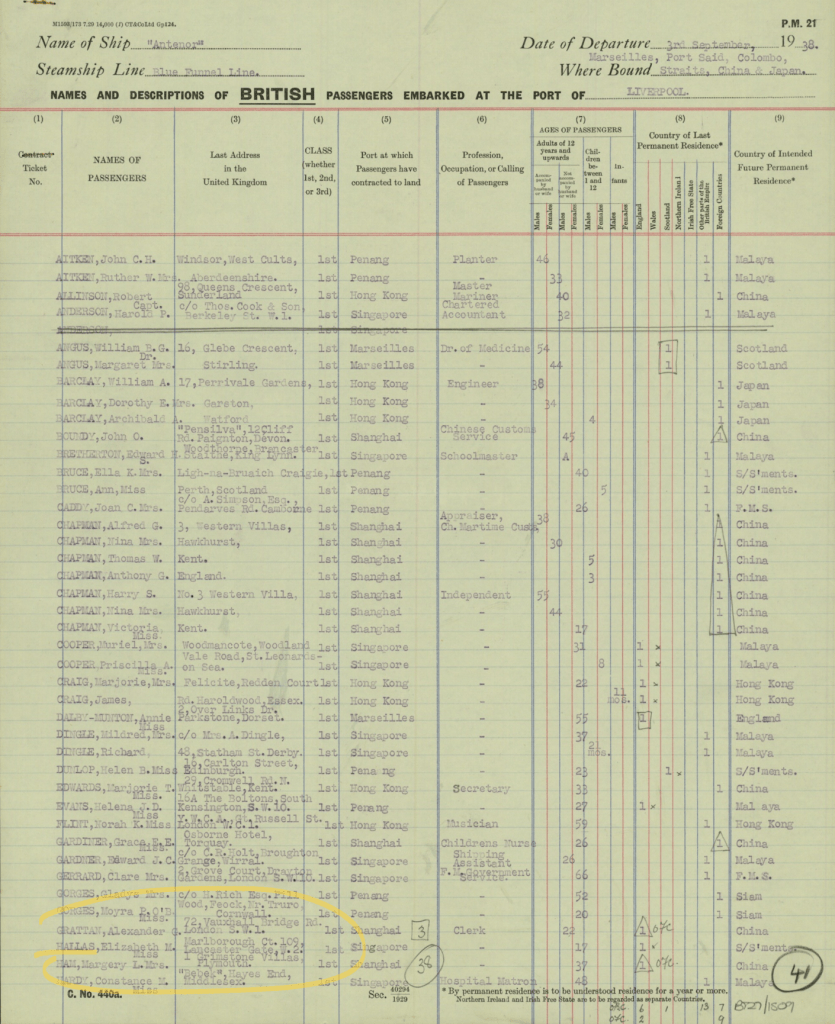 Passenger list from Findmypast 1938 Antenor